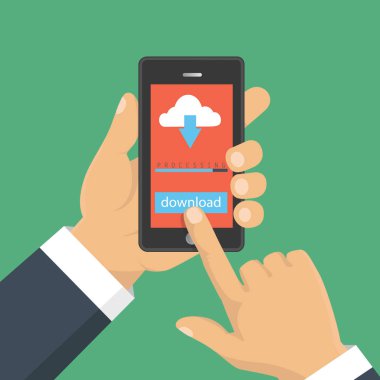 Dosya indir kavramı düğme üstünde smartphone perde. Sm el tutar