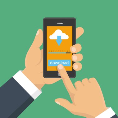 Dosya indir kavramı düğme üstünde smartphone perde. Sm el tutar