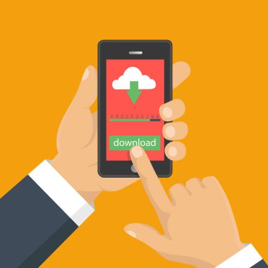 Dosya indir kavramı düğme üstünde smartphone perde. Sm el tutar