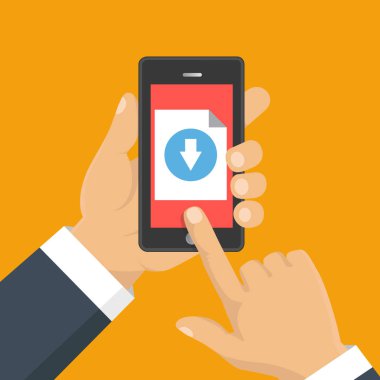 Dosya indir kavramı düğme üstünde smartphone perde. Sm el tutar