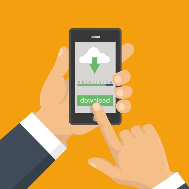 Dosya indir kavramı düğme üstünde smartphone perde. Sm el tutar