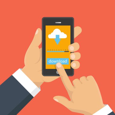 Dosya indir kavramı düğme üstünde smartphone perde. Sm el tutar