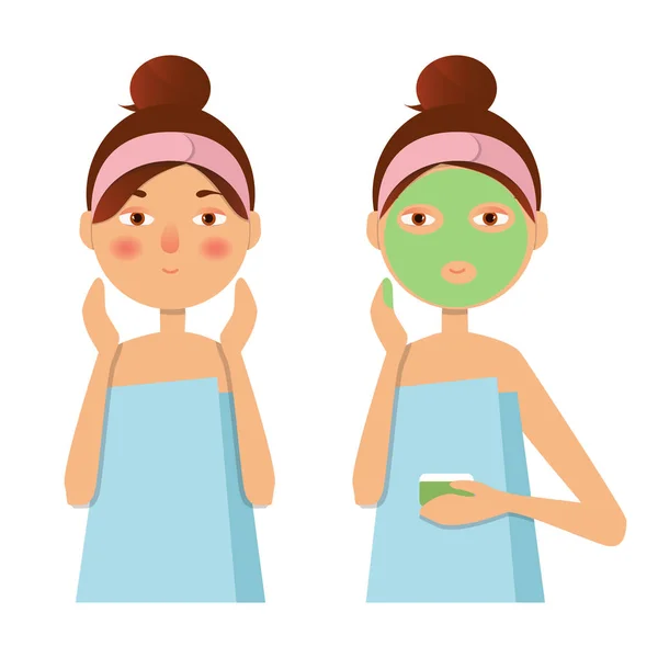 Bella ragazza infligge una maschera di argilla o crema sul viso. Bea. — Vettoriale Stock