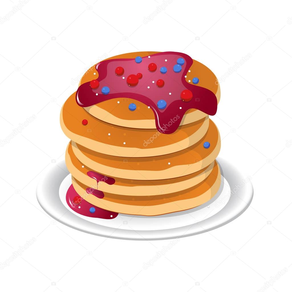 Fresh tasty hot pancakes with sweet maple syrup. Cartoon icon 