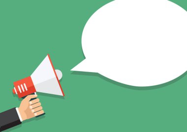 El tutarak bir megafon, düz tasarım, promosyon, sosyal medya m