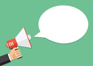 El tutarak bir megafon, düz tasarım, promosyon, sosyal medya m