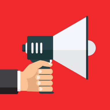 El tutarak bir megafon, düz tasarım, promosyon, sosyal medya m