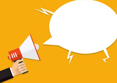 El tutarak bir megafon, düz tasarım, promosyon, sosyal medya m