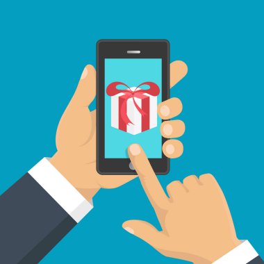Smartphone ekranda hediye app sayfa. Elini tut smartphone. Cep
