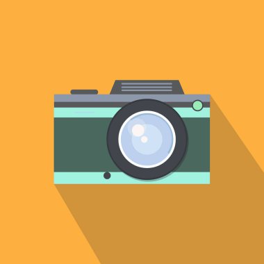 Retro kamera, vintage fotoğraf makinesi, düz stil tasarım. Eski fotoğraf makinesi