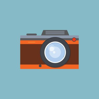 Retro kamera, vintage fotoğraf makinesi, düz stil tasarım. Eski fotoğraf makinesi