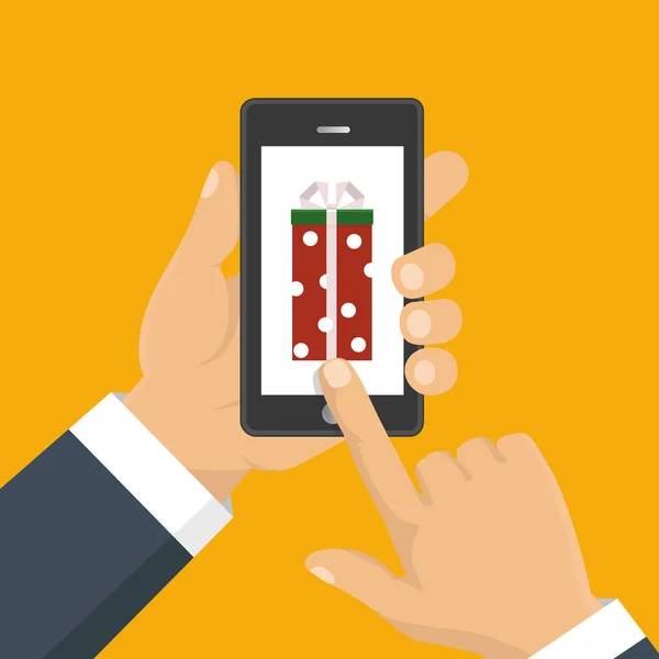 Geschenk-App-Seite auf dem Smartphone-Bildschirm. Smartphone in der Hand halten. Mobil — Stockvektor