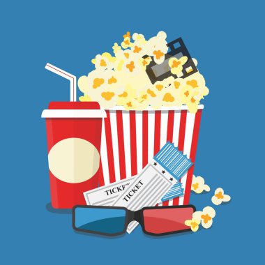 Vektör çizim. Patlamış mısır ve içki. Film şeridi sınır. Sinema