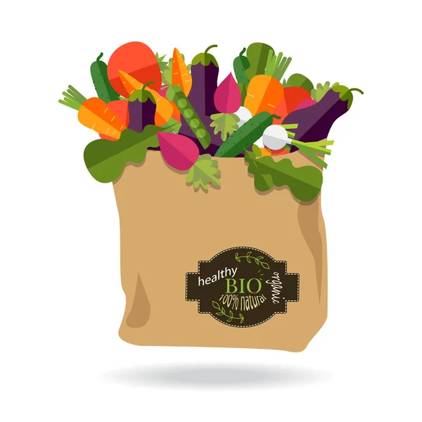 100% natural, orgânico em um saco de papel cheio de vegetais frescos —  Vetores de Stock