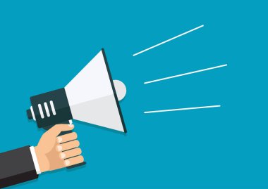 El bir megafon, düz tutarak tasarım, promosyon, sosyal medya