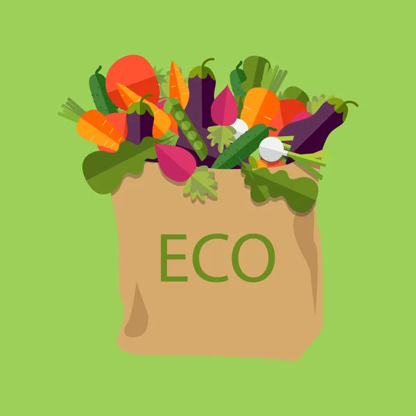 100% natural, orgánico en una bolsa de papel llena de verduras frescas — Archivo Imágenes Vectoriales