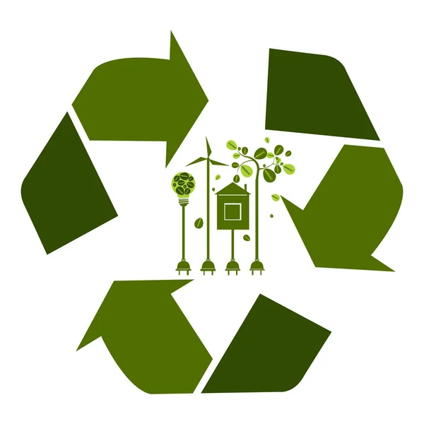 Respetuoso. Ecología concepto de energía verde con símbolo de reciclaje — Vector de stock