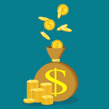 Düz simge vektör çizim. Para tasarrufu ve para çantası kavramı