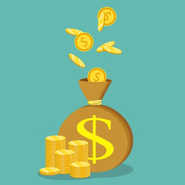 Düz simge vektör çizim. Para tasarrufu ve para çantası kavramı