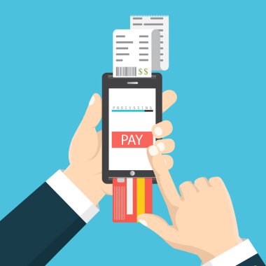 Vektör çizim. Mobil ödeme kavramı. El bir telefon tutarak