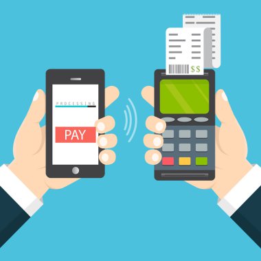 Mobil ödeme kavramı. El bir telefon tutarak. 