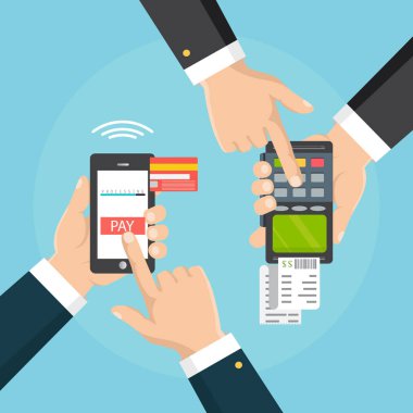  El bir telefon tutarak. Smartphone kablosuz para transferi için pos