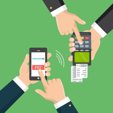  El bir telefon tutarak. Smartphone kablosuz para transferi için pos