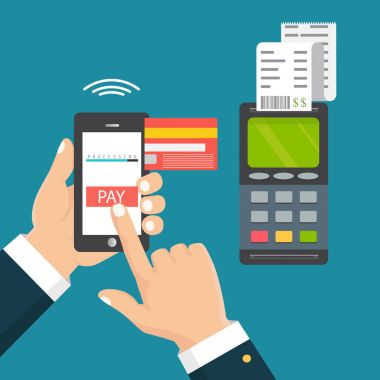  El bir telefon tutarak. Smartphone kablosuz para transferi için pos