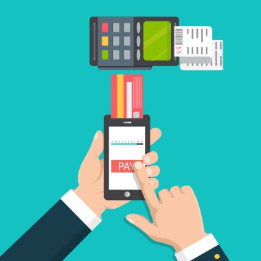  El bir telefon tutarak. Smartphone kablosuz para transferi için pos