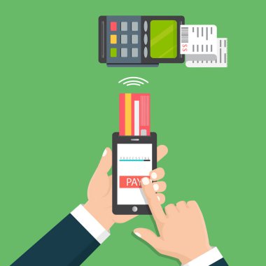  El bir telefon tutarak. Smartphone kablosuz para transferi için pos