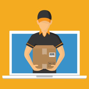 Vektör simge, izometrik adam, teslimat kavramı. Adam ve Me