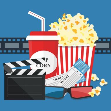 Vektör çizim. Patlamış mısır ve içki. Film şeridi sınır. Sinema