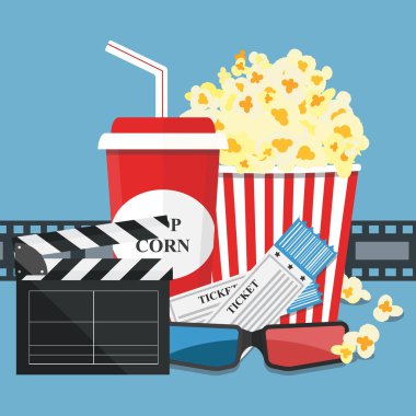 Vektör çizim. Patlamış mısır ve içki. Film şeridi sınır. Sinema