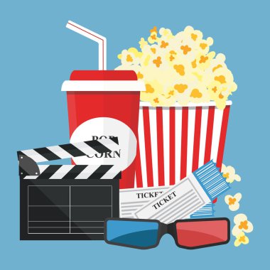 Vektör çizim. Patlamış mısır ve içki. Film şeridi sınır. Sinema