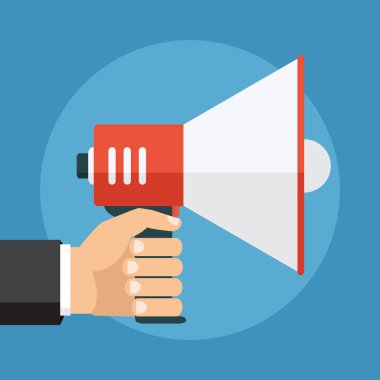 Vektör, eps10, illüstrasyon. El tutarak bir megafon, düz tasarım