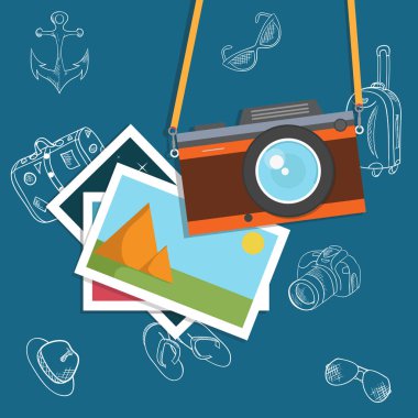 Retro kamera, vintage fotoğraf makinesi, düz stil tasarım. Eski fotoğraf makinesi