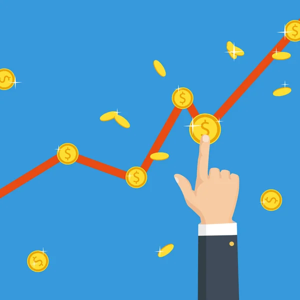 O gráfico sobe. O dedo seleciona o dinheiro. Conceito de negócio —  Vetores de Stock