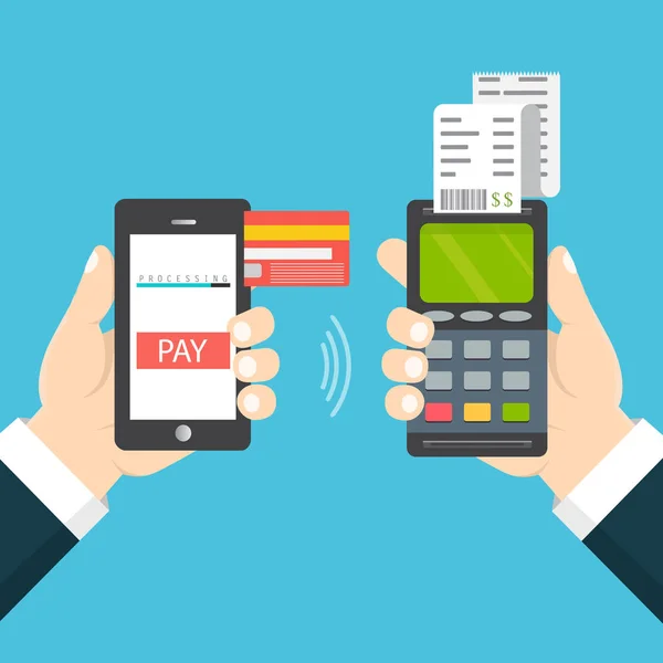 Έννοια της πληρωμής μέσω κινητού. Χέρι που κρατά ένα τηλέφωνο. — Διανυσματικό Αρχείο