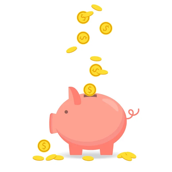 Piggy banco com ícone de moeda, estilo plano isolado. Conceito de dinheiro — Vetor de Stock