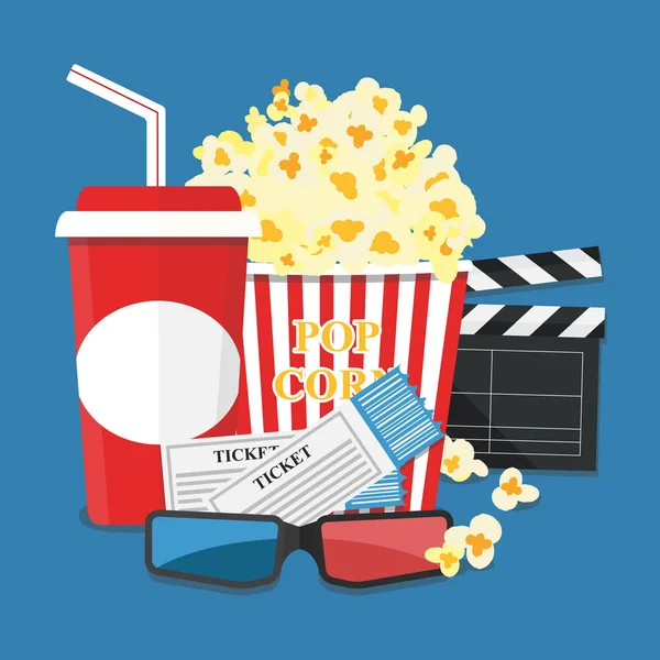 Illustrazione vettoriale. Popcorn e bevande. Bordo della striscia. Cinema. — Vettoriale Stock