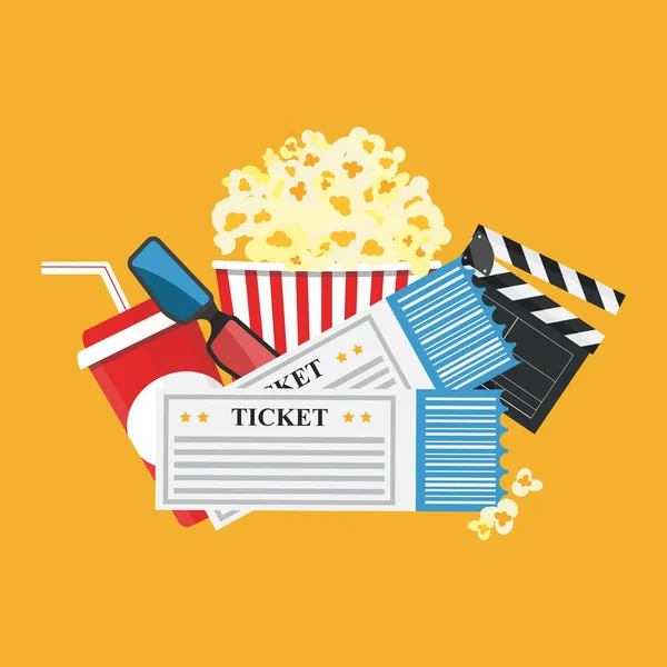 Illustrazione vettoriale. Popcorn e bevande. Bordo della striscia. Cinema. — Vettoriale Stock