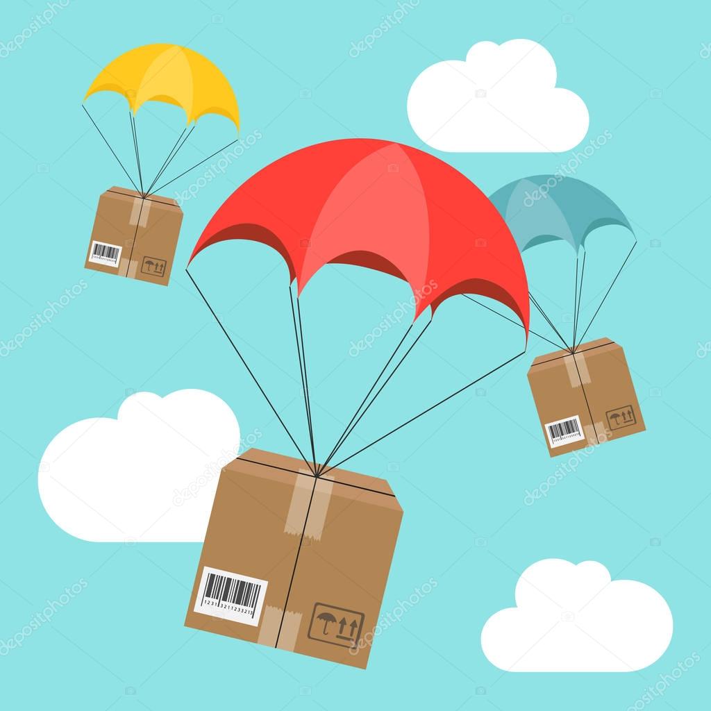 Delivery service. Parachute with parcel in the sky. Shipping