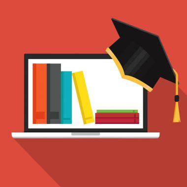 Webinar ve video Semineri. Düz tasarım illüstrasyon izole beyaz arka plan üzerinde. Uzaktan eğitim, mezuniyet ve çevrimiçi öğrenme kavramı. 