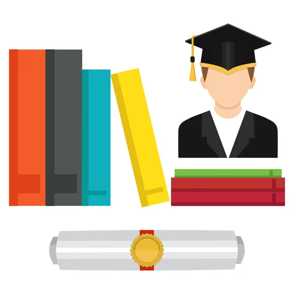 Ícone da educação. Licenciatura em chapéu, livros, certificado. Vetor — Vetor de Stock