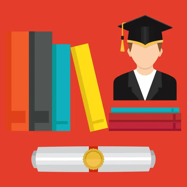 Ícone da educação. Licenciatura em chapéu, livros, certificado. Vetor —  Vetores de Stock