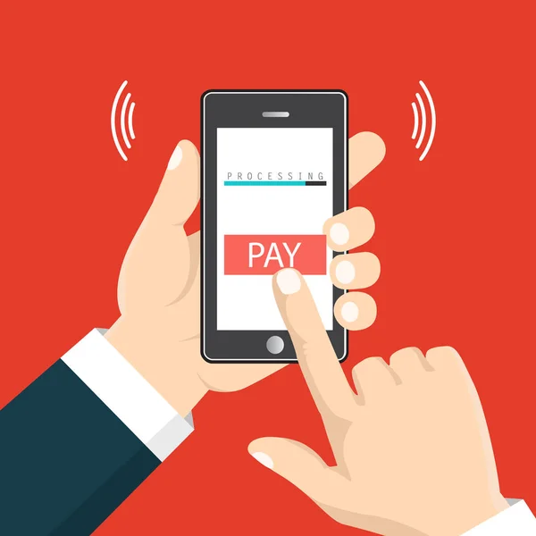 Mobil betalning koncept. Handen håller en telefon. Smartphone wireles — Stock vektor