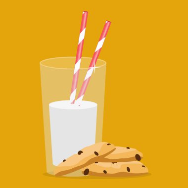 Bir bardak süt ve kurabiye. Kahvaltı. Vektör çizim 