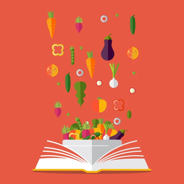 Bok med recept, kokbok, bästa recept. Vegetarisk, friska äter — Stock vektor