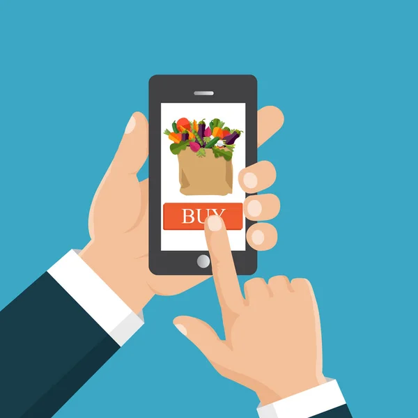 Ручной заказ свежих продуктов держать смартфон с продовольственной корзиной — стоковый вектор