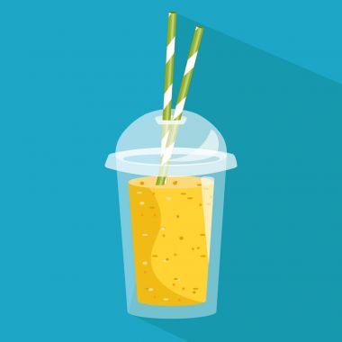 Çizgi film yüzlü şeffaf plastik bardakta. Vektör illustra